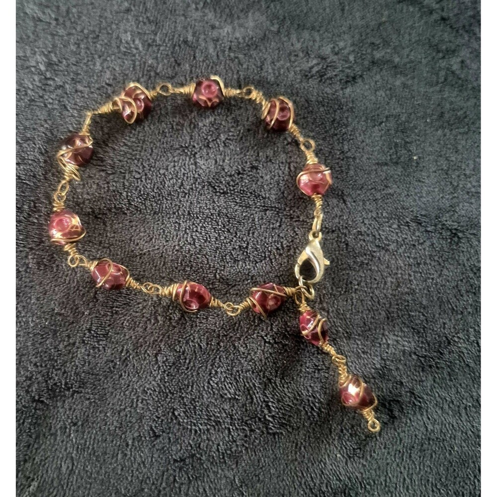 Handmade Wire Wrapped Rosary Bracelet Red Glass Beads Gold Tone Single Decade